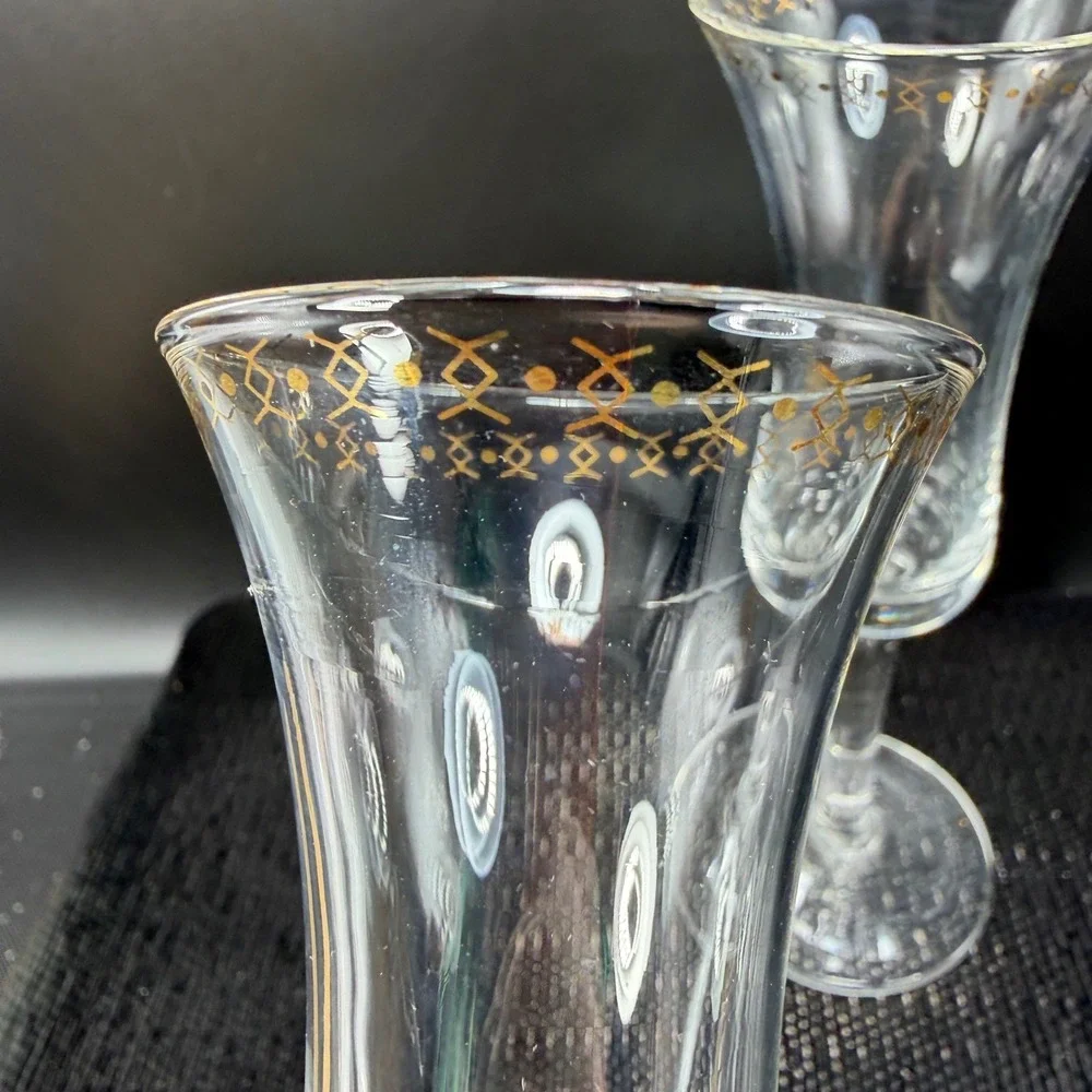 West‎ Elm Gold Pattern Champagne Flutes Set of 2 Flared Stemware Clear Glass VTG